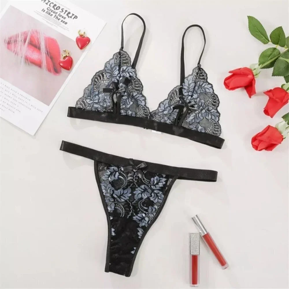 Black Sexy Erotic 2 Piece Lace Lingerie Set